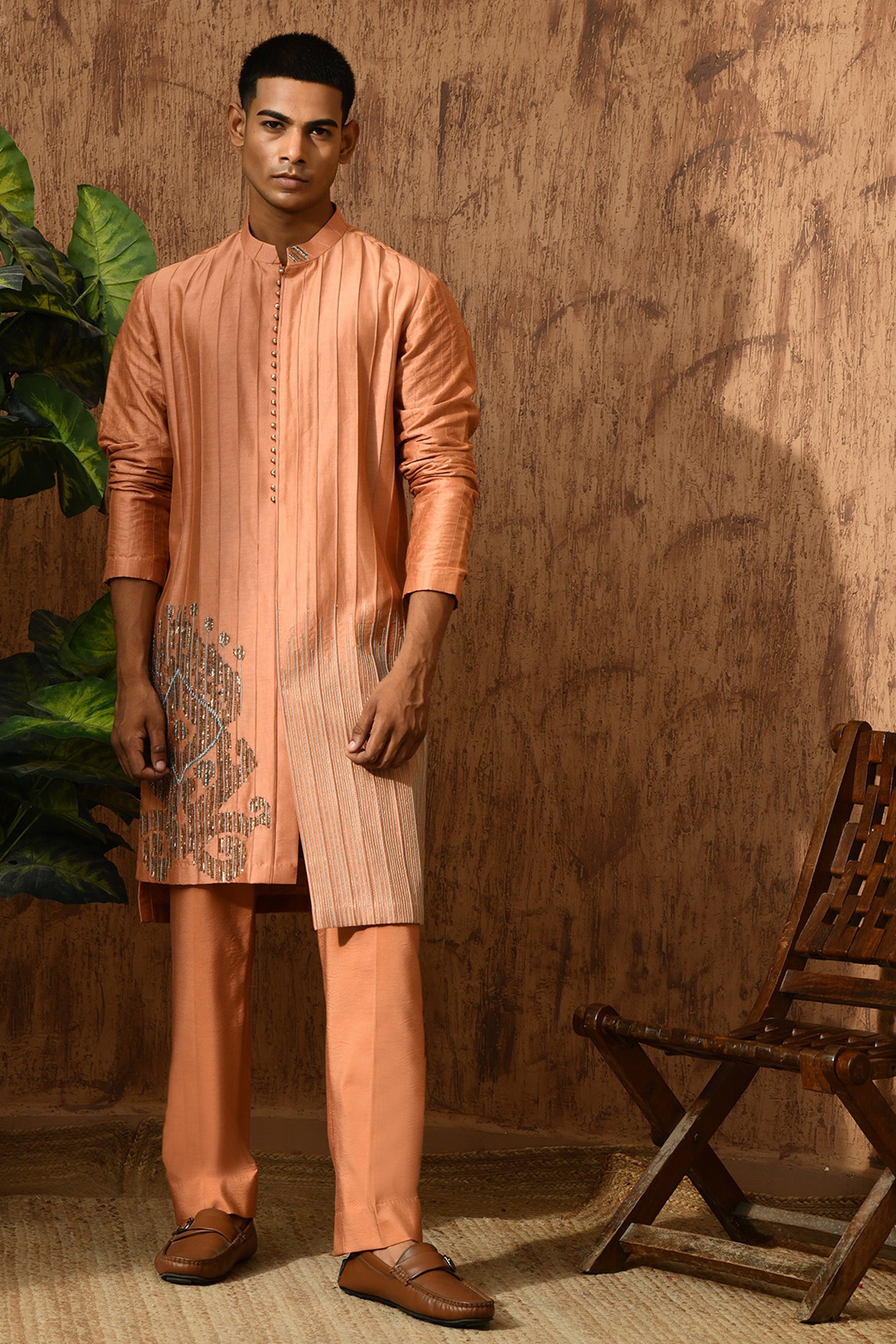 Sulakshna Jasra Peach Chanderi Pittawork Kurta Set