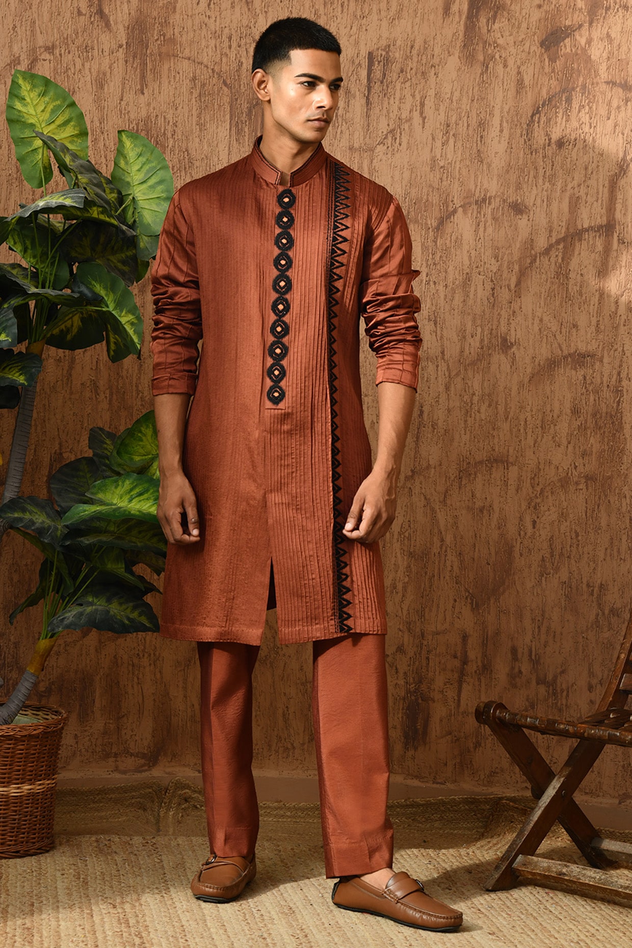 Sulakshna Jasra Mocha-Colored Linen Satin Threadwork Kurta Set