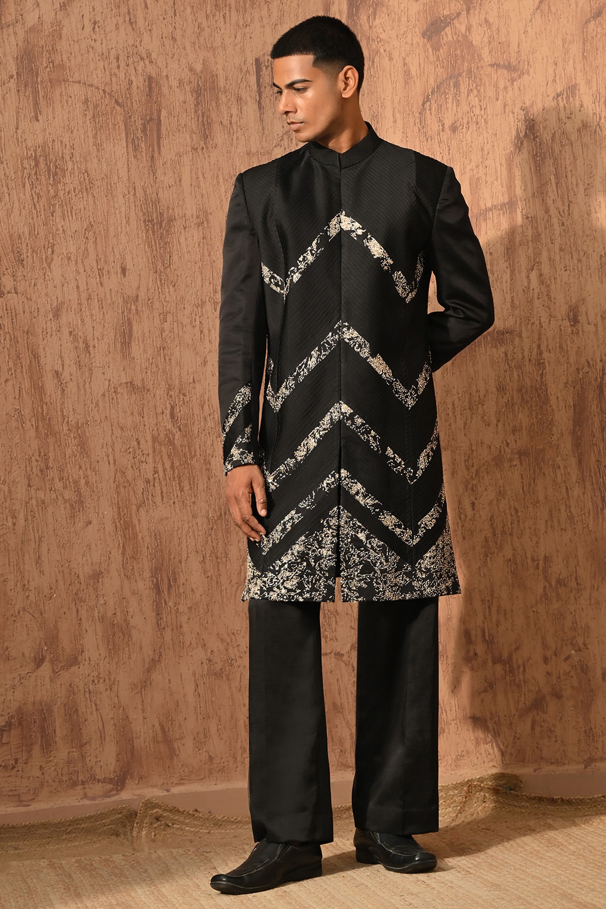 Sulakshna Jasra Black Linen Satin Embroidered Indowestern Set
