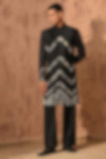 Black Linen Satin Embroidered Wedding Indowestern Set by Sulakshna Jasra at Pernia's Pop Up Shop