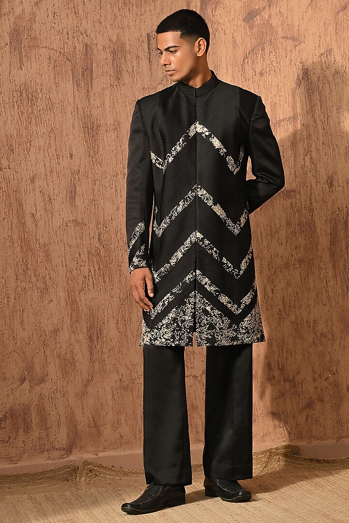 Black Linen Satin Embroidered Wedding Indowestern Set by Sulakshna Jasra at Pernia's Pop Up Shop