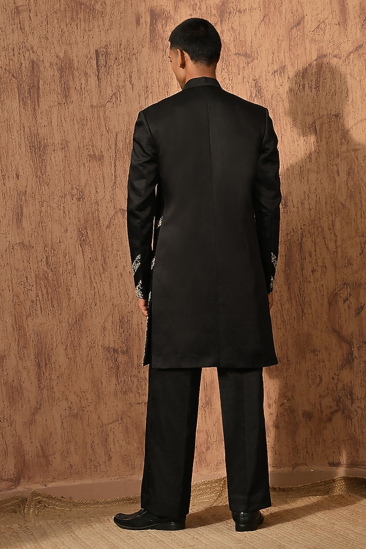 Black Linen Satin Embroidered Wedding Indowestern Set by Sulakshna Jasra at Pernia's Pop Up Shop