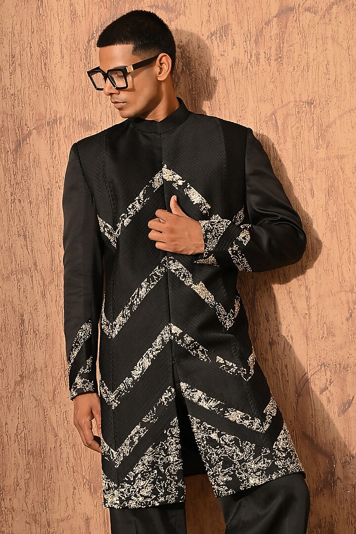 Black Linen Satin Embroidered Wedding Indowestern Set by Sulakshna Jasra at Pernia's Pop Up Shop