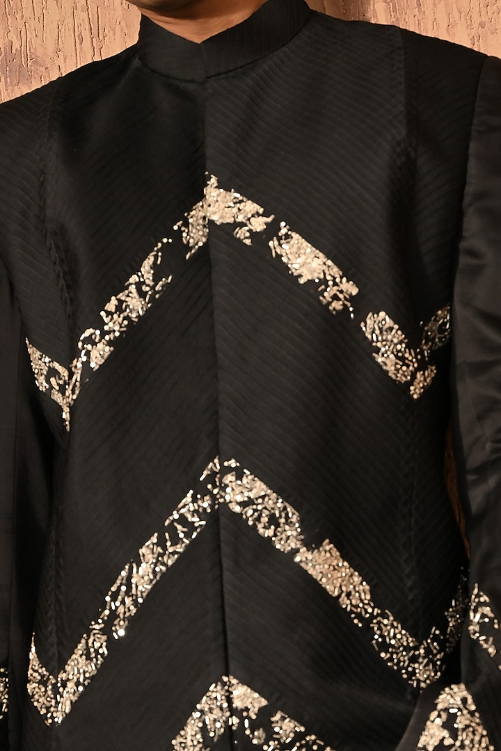 Black Linen Satin Embroidered Wedding Indowestern Set by Sulakshna Jasra at Pernia's Pop Up Shop
