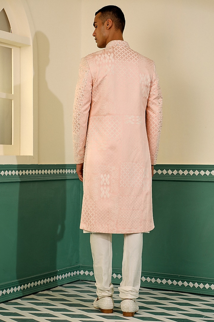Peach Raw Silk Aari Hand Embroidered Groom Sherwani Set by Sulakshna Jasra at Pernia's Pop Up Shop