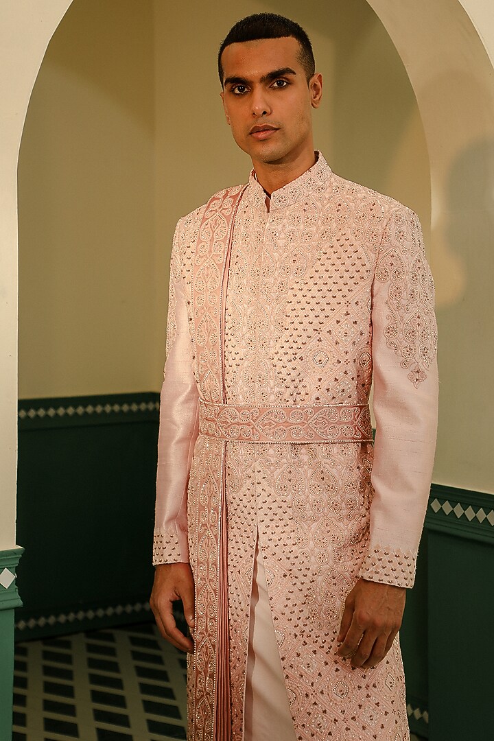 Peach Raw Silk Aari Hand Embroidered Groom Sherwani Set by Sulakshna Jasra at Pernia's Pop Up Shop