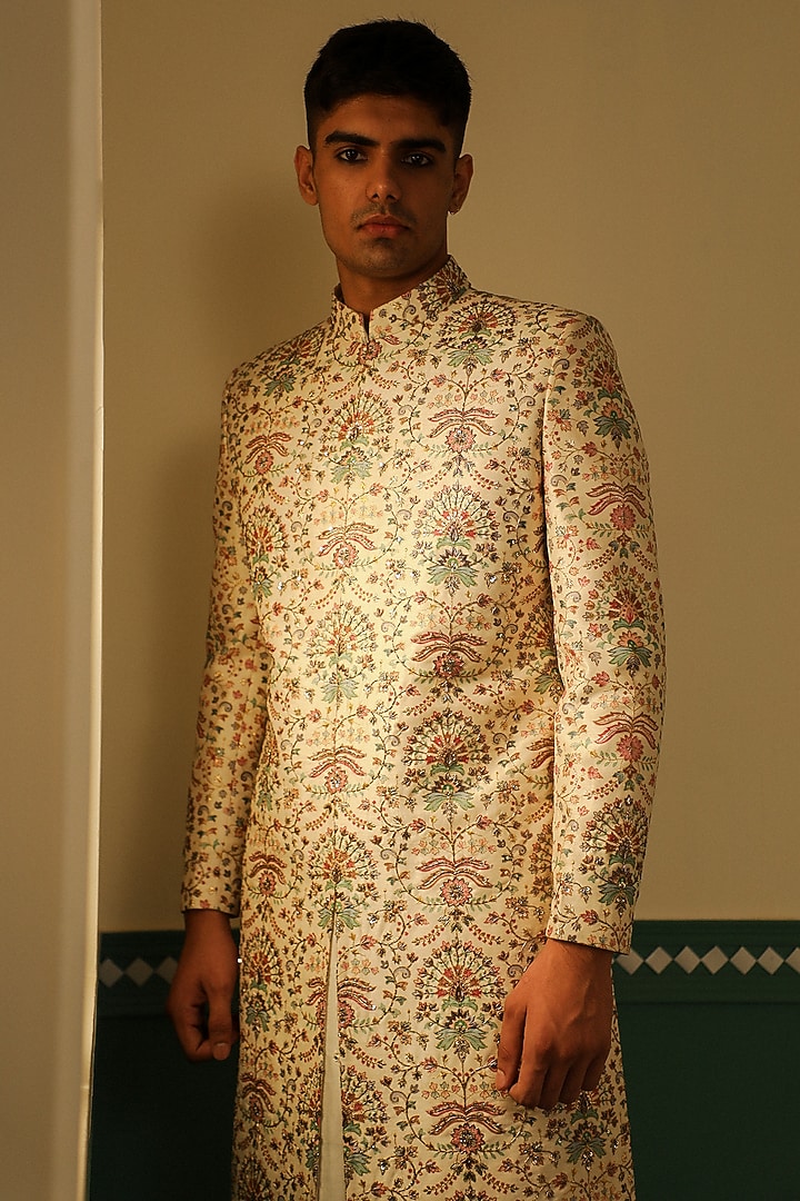 Ivory Dupion Silk Dabka Embellished & Block Printed Wedding Sherwani Set by Sulakshna Jasra at Pernia's Pop Up Shop