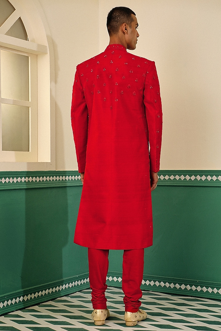 Red Raw Silk Zardosi Hand Embroidered Wedding Sherwani Set by Sulakshna Jasra at Pernia's Pop Up Shop