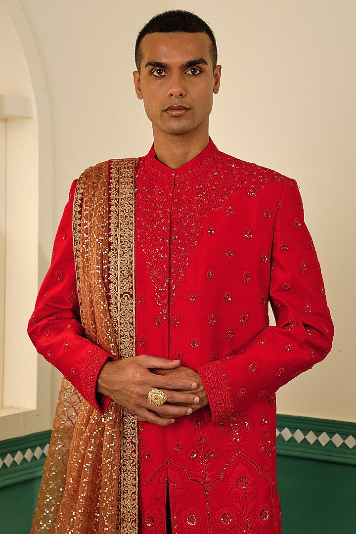 Red Raw Silk Zardosi Hand Embroidered Wedding Sherwani Set by Sulakshna Jasra at Pernia's Pop Up Shop