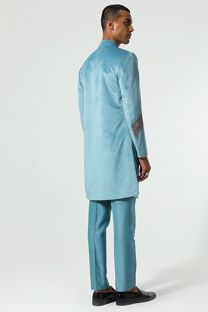 Teal Blue Velvet Cutdana Hand Embroidered Indo-Western Set by Sulakshna Jasra at Pernia's Pop Up Shop