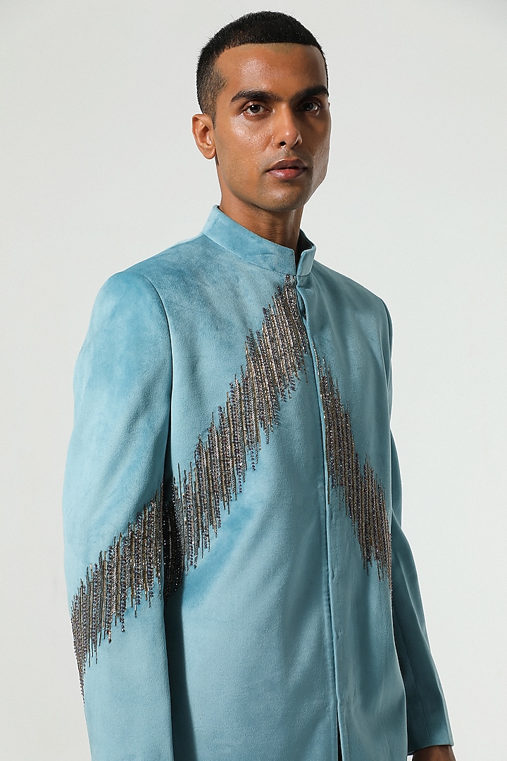 Teal Blue Velvet Cutdana Hand Embroidered Indo-Western Set by Sulakshna Jasra at Pernia's Pop Up Shop