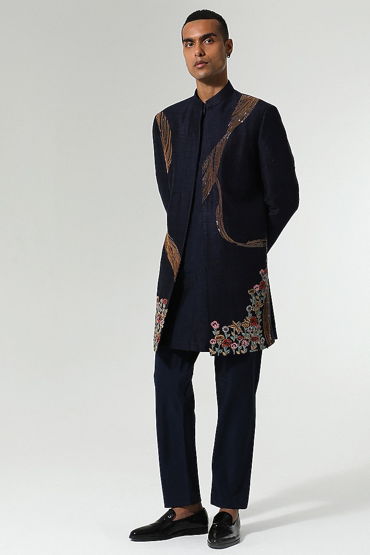 Navy Blue Raw Silk Dabka Hand Embroidered Indo-Western Set by Sulakshna Jasra at Pernia's Pop Up Shop
