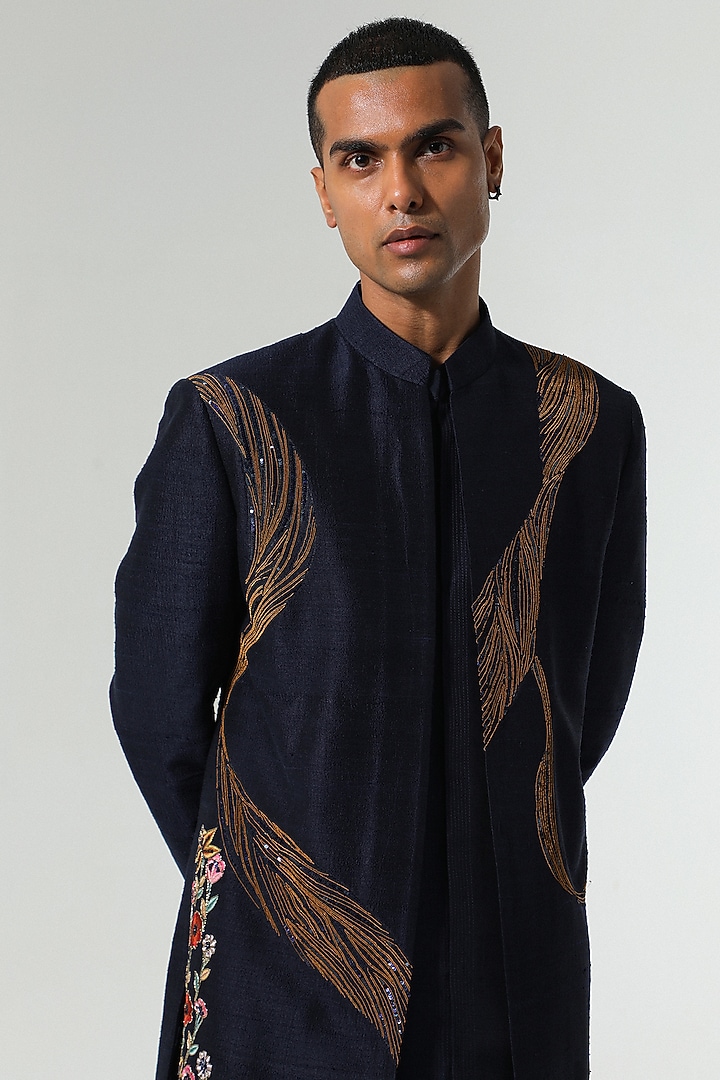 Navy Blue Raw Silk Dabka Hand Embroidered Indo-Western Set by Sulakshna Jasra at Pernia's Pop Up Shop