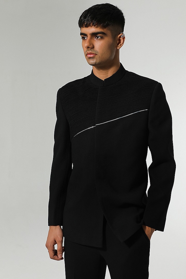 Black Terry Rayon Metallic Wedding Bandhgala Set by Sulakshna Jasra at Pernia's Pop Up Shop