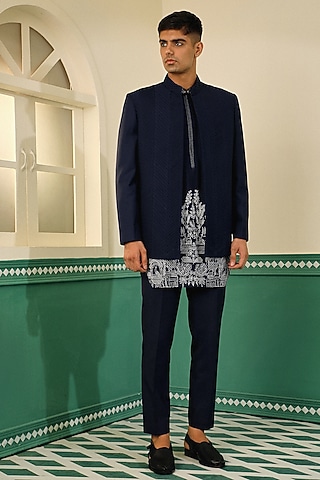 Navy Blue Raw Terry Rayon Machine Embroidered Indo-Western Set by Sulakshna Jasra
