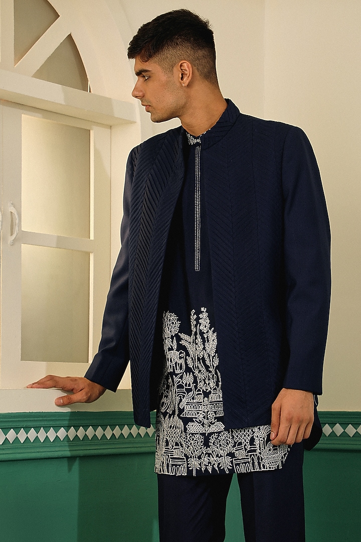 Navy Blue Raw Terry Rayon Machine Embroidered Indo-Western Set by Sulakshna Jasra at Pernia's Pop Up Shop