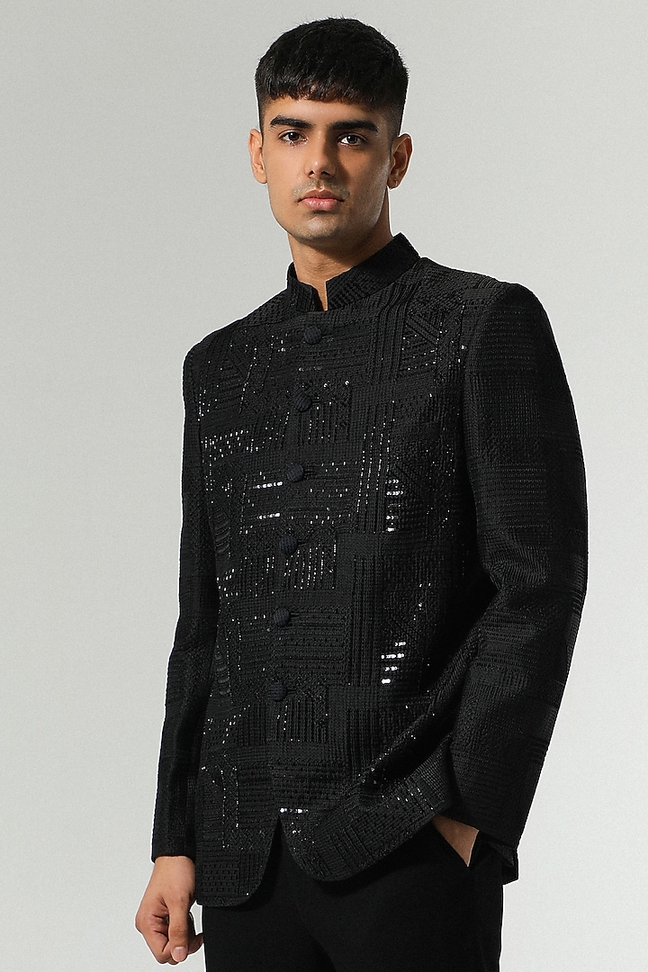 Black Chanderi Thread Embroidered Wedding Bandhgala Set by Sulakshna Jasra at Pernia's Pop Up Shop