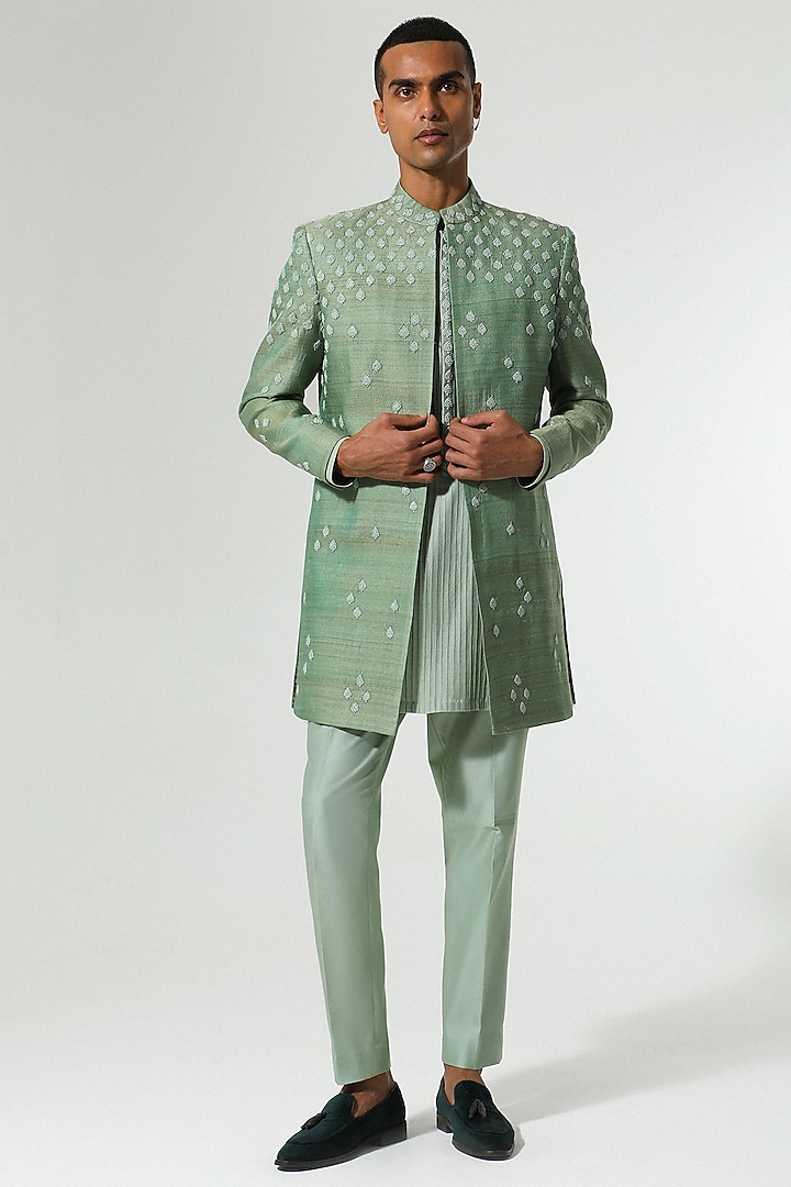 Green Tussar Silk French-Knot Embroidered Indo-Western Set by Sulakshna Jasra at Pernia's Pop Up Shop