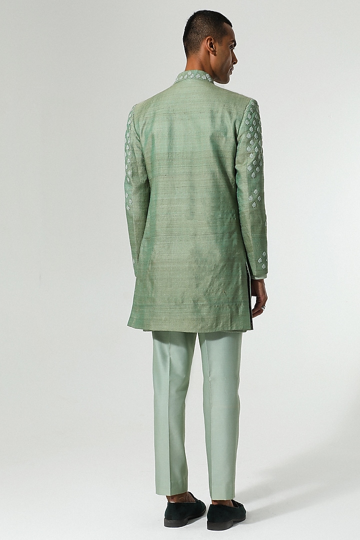 Green Tussar Silk French-Knot Embroidered Indo-Western Set by Sulakshna Jasra at Pernia's Pop Up Shop
