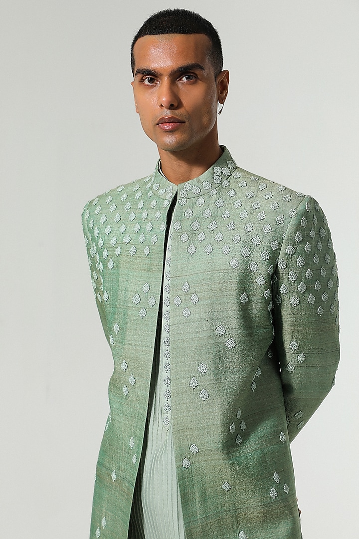 Green Tussar Silk French-Knot Embroidered Indo-Western Set by Sulakshna Jasra at Pernia's Pop Up Shop