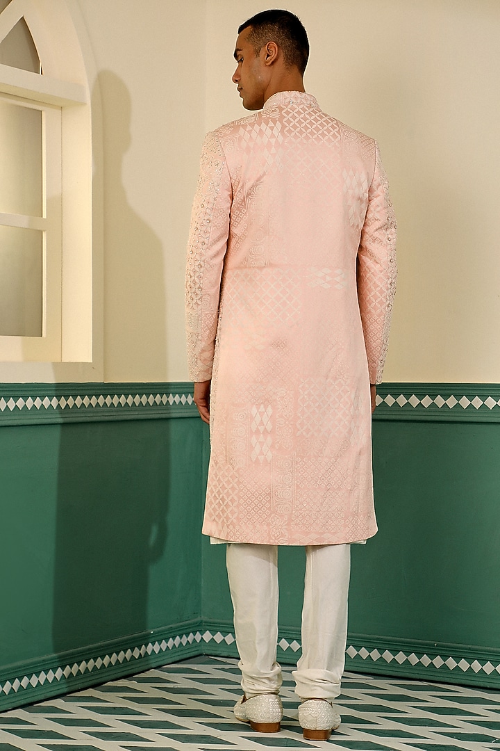 Peach Silk French-Knot Embroidered Groom Sherwani Set by Sulakshna Jasra at Pernia's Pop Up Shop