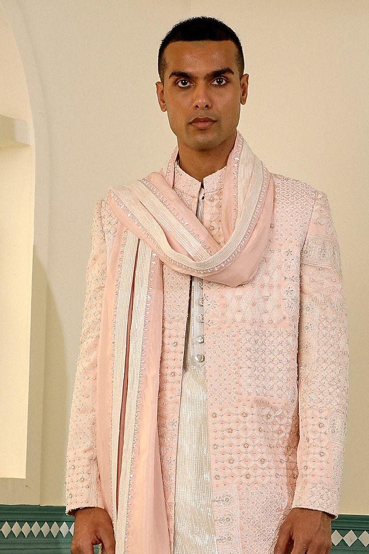 Peach Silk French-Knot Embroidered Groom Sherwani Set by Sulakshna Jasra at Pernia's Pop Up Shop