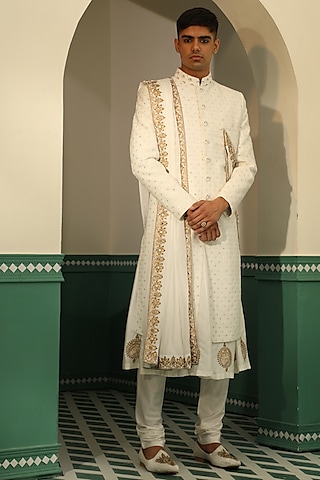 Off-White Linen Satin Block Printed & Dori Embroidered Sherwani Set by Sulakshna Jasra