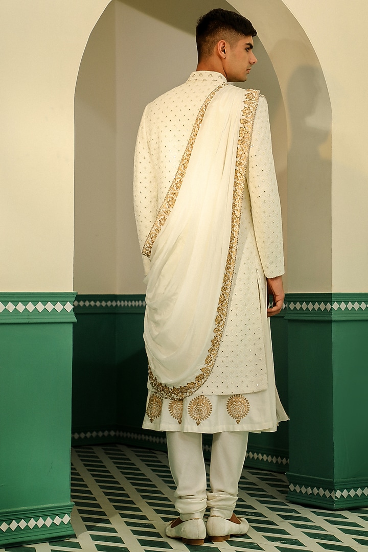 Off-White Linen Satin Block Printed & Dori Embroidered Wedding Sherwani Set by Sulakshna Jasra at Pernia's Pop Up Shop