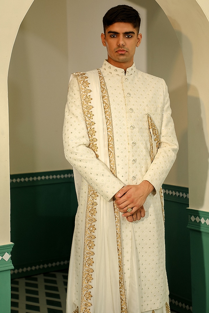 Off-White Linen Satin Block Printed & Dori Embroidered Wedding Sherwani Set by Sulakshna Jasra at Pernia's Pop Up Shop