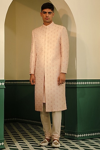 Soft Pink Raw Silk Pearl Hand Embroidered Sherwani Set by Sulakshna Jasra