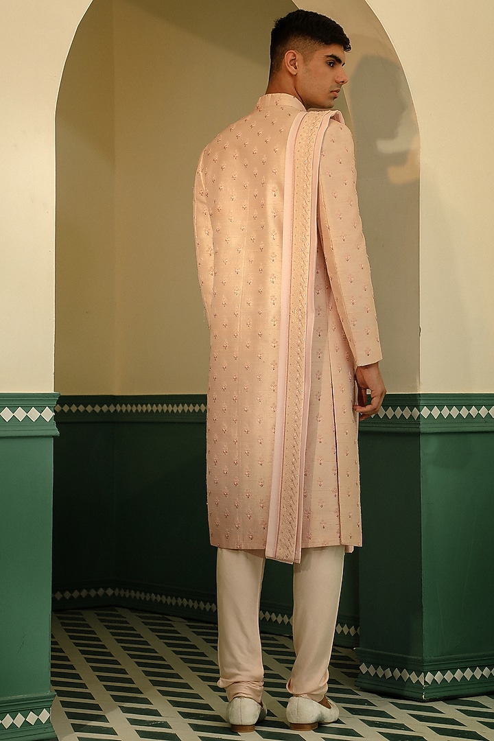 Soft Pink Raw Silk Pearl Hand Embroidered Groom Sherwani Set by Sulakshna Jasra at Pernia's Pop Up Shop