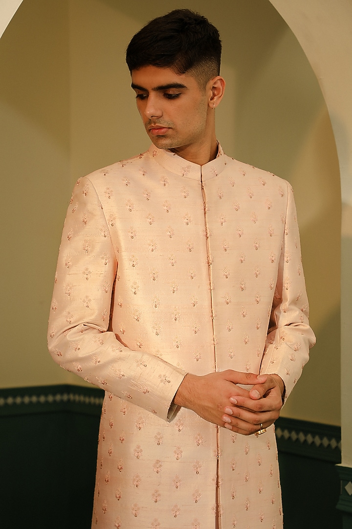 Soft Pink Raw Silk Pearl Hand Embroidered Groom Sherwani Set by Sulakshna Jasra at Pernia's Pop Up Shop