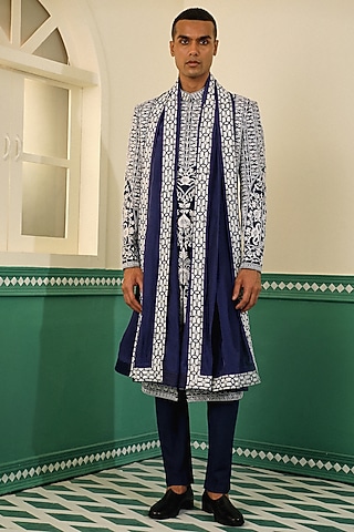 Navy Blue Dupion Dori Embroidered Sherwani Set by Sulakshna Jasra