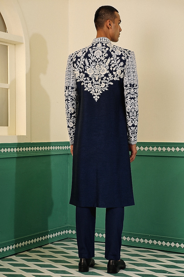 Navy Blue Dupion Dori Embroidered Groom Sherwani Set by Sulakshna Jasra at Pernia's Pop Up Shop