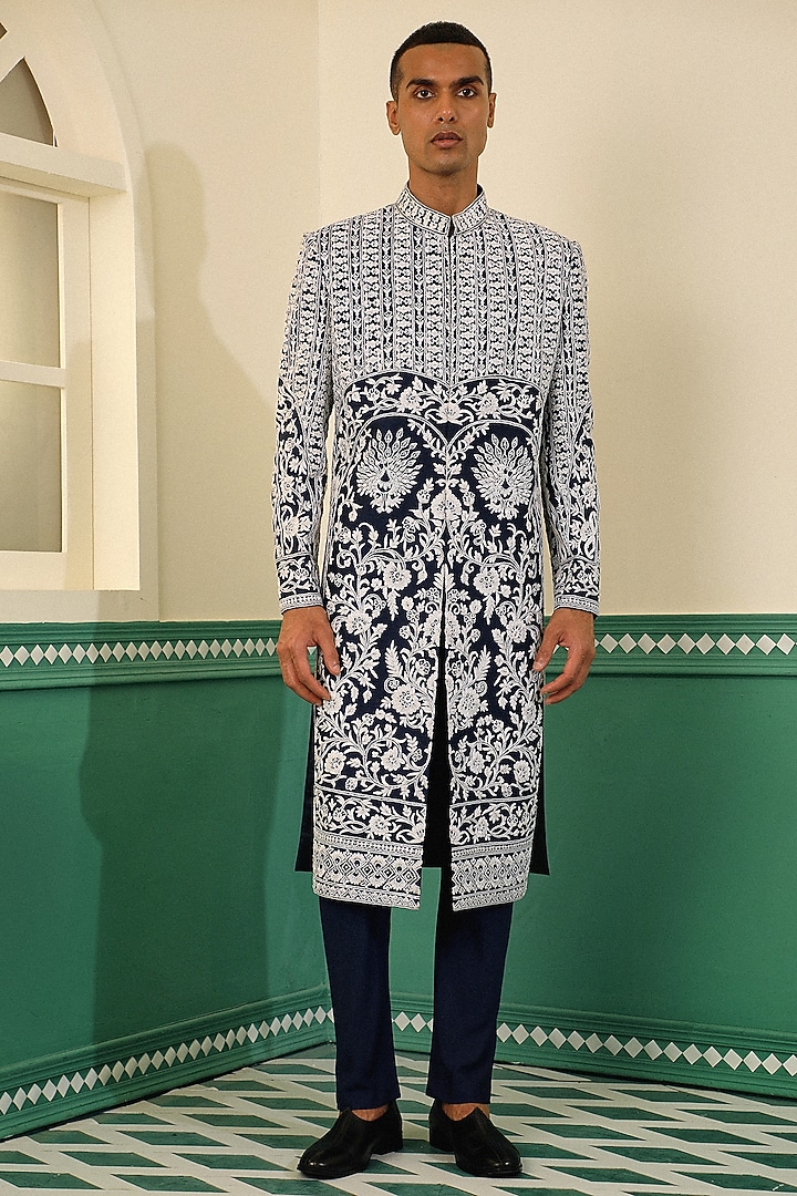 Navy Blue Dupion Dori Embroidered Groom Sherwani Set by Sulakshna Jasra at Pernia's Pop Up Shop