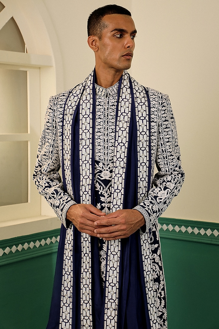 Navy Blue Dupion Dori Embroidered Groom Sherwani Set by Sulakshna Jasra at Pernia's Pop Up Shop