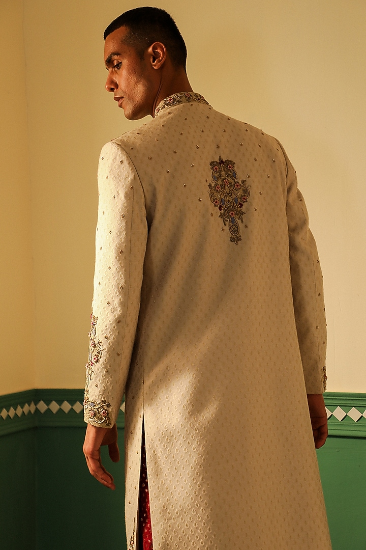 Cream & Maroon Silk Jacquard Hand Embroidered Wedding Sherwani Set by Sulakshna Jasra at Pernia's Pop Up Shop