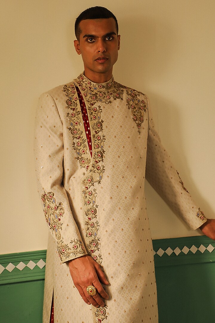 Cream & Maroon Silk Jacquard Hand Embroidered Wedding Sherwani Set by Sulakshna Jasra at Pernia's Pop Up Shop