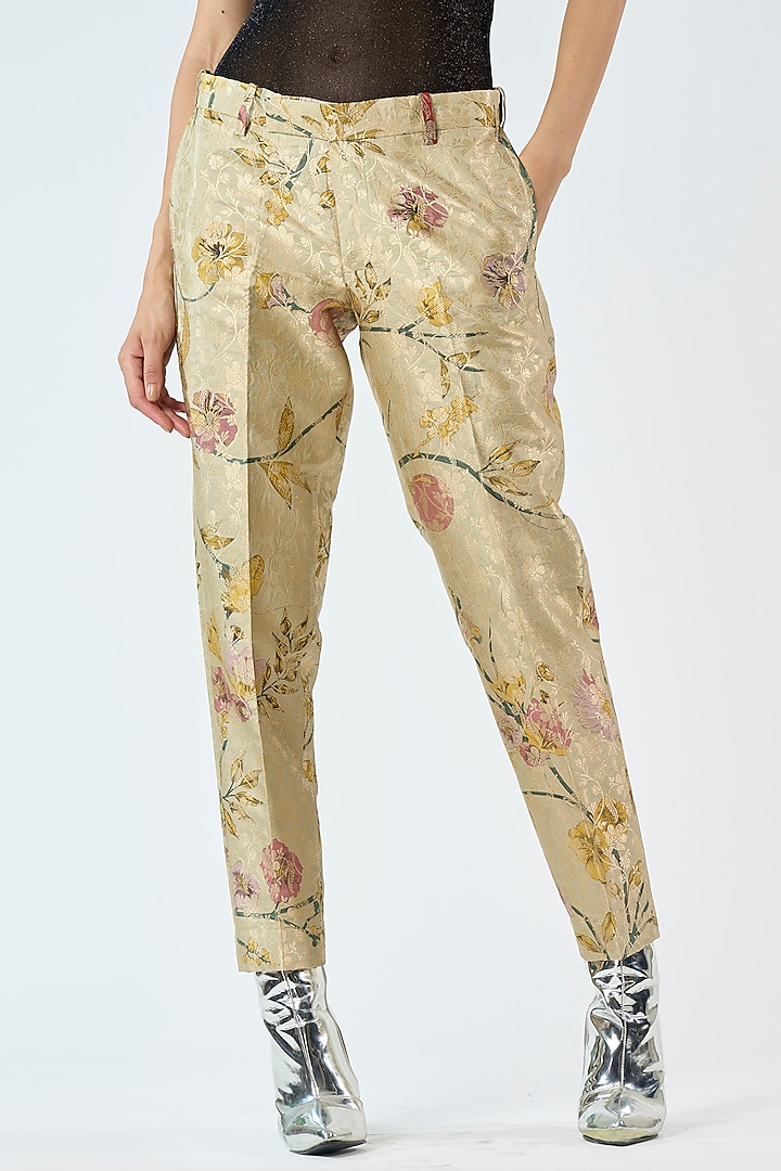 Mint Silk Brocade Printed Trousers by SUKETDHIR