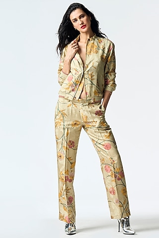 Mint Silk Damask Printed Bomber Jacket by SUKETDHIR