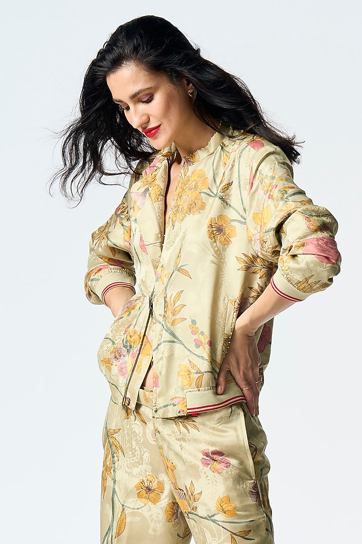 Mint Silk Damask Printed Bomber Jacket by SUKETDHIR at Pernia's Pop Up Shop