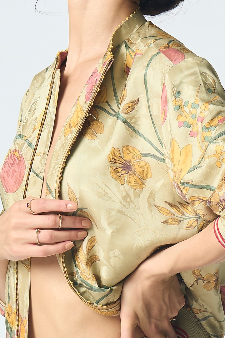 Mint Silk Damask Printed Bomber Jacket by SUKETDHIR at Pernia's Pop Up Shop