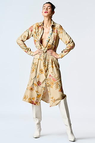 Mint Muga Satin Silk Printed Dress by SUKETDHIR