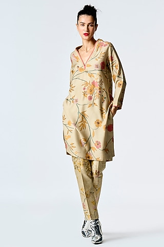Mint Muga Satin Silk Printed Kurta by SUKETDHIR