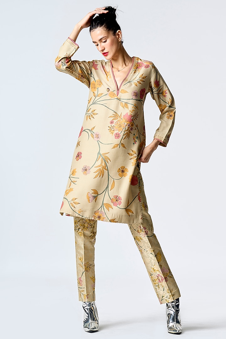 Mint Muga Satin Silk Printed Kurta by SUKETDHIR at Pernia's Pop Up Shop