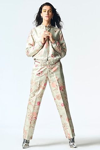 Ice Blue Silk Damask Printed Bomber Jacket by SUKETDHIR