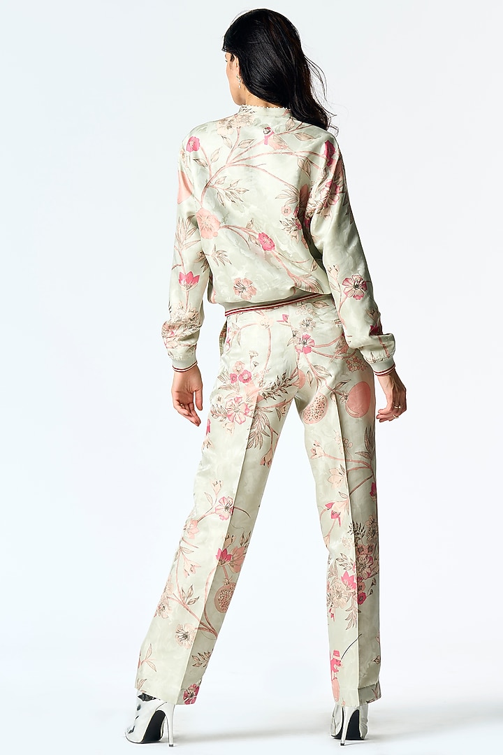 Ice Blue Silk Damask Printed Bomber Jacket by SUKETDHIR at Pernia's Pop Up Shop