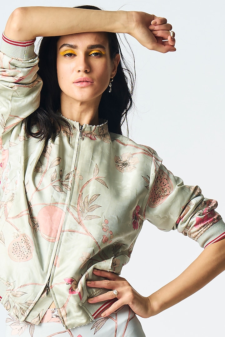 Ice Blue Silk Damask Printed Bomber Jacket by SUKETDHIR at Pernia's Pop Up Shop