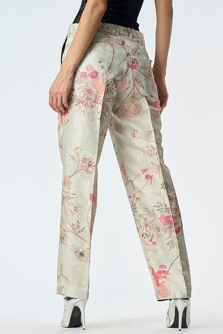 Ice Blue Silk Damask Printed Trousers by SUKETDHIR at Pernia's Pop Up Shop