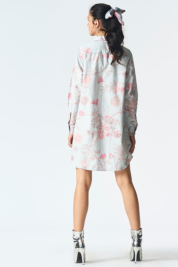 Ice Blue Cotton Silk Printed Oversized Shirt by SUKETDHIR at Pernia's Pop Up Shop